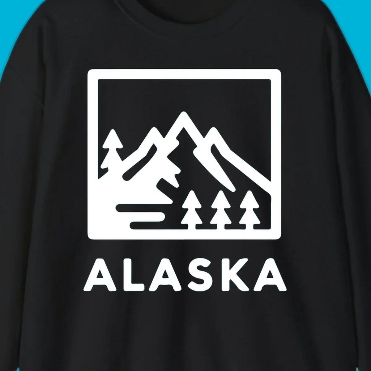 Vintage-style alaska-mountain-forest-scene with three peaks, pine trees, and the word ALASKA within a rectangular frame.