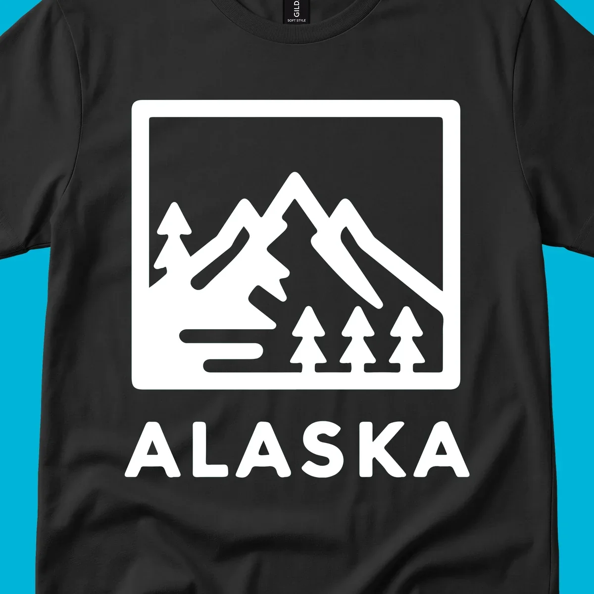 Vintage-style alaska-mountain-forest-scene with three peaks, pine trees, and the word ALASKA within a rectangular frame.