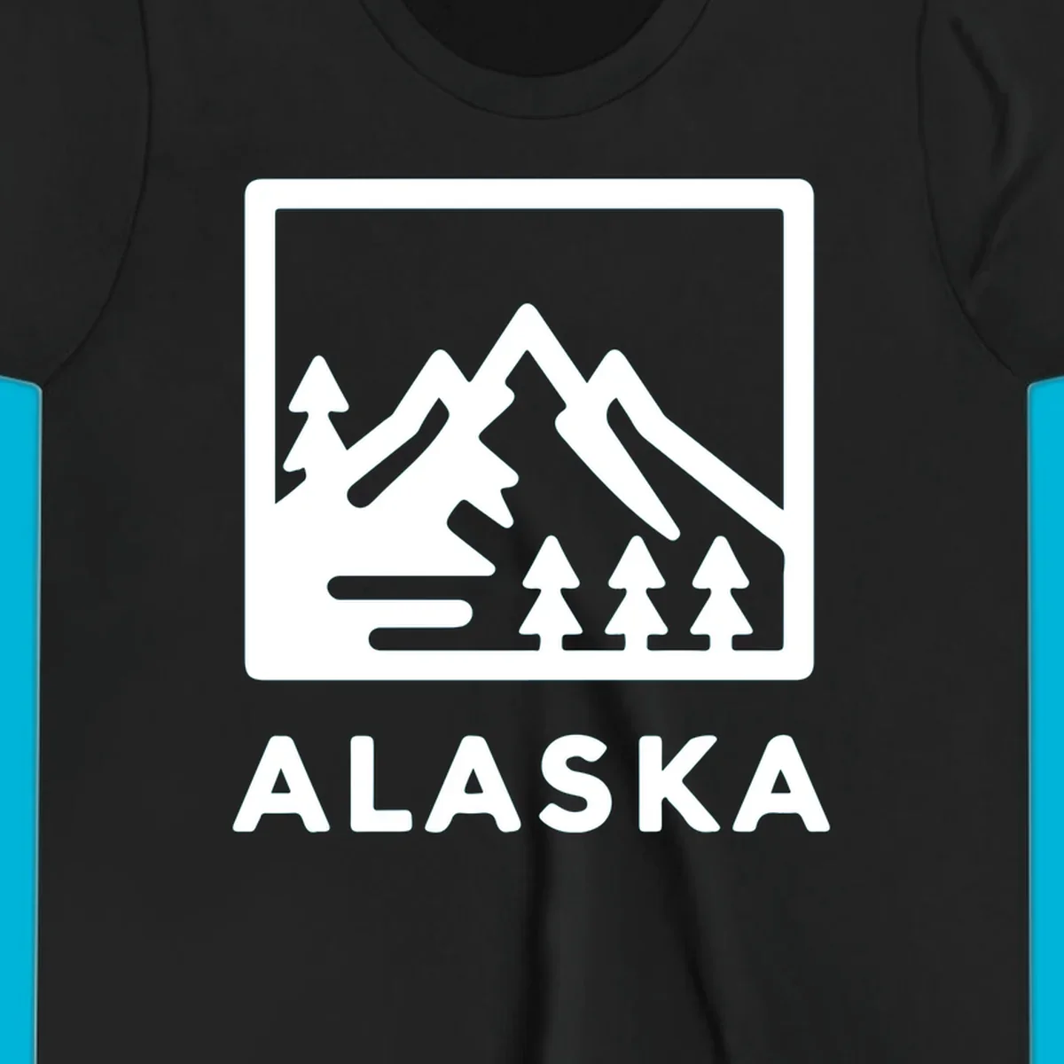 Vintage-style alaska-mountain-forest-scene with three peaks, pine trees, and the word ALASKA within a rectangular frame.