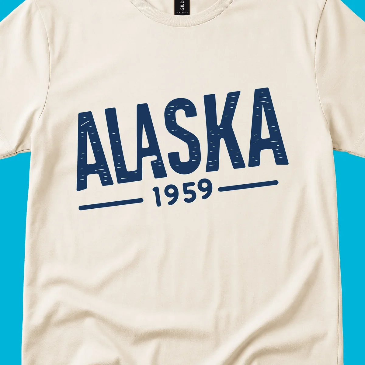 Vintage style 'ALASKA 1959' typography design with distressed texture, commemorating Alaska's statehood.