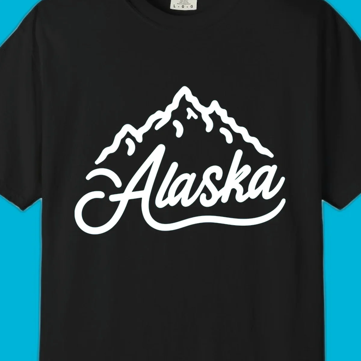 A stylized mountain range above the word 'Alaska' in a script font, forming an alaska mountain wordmark design.