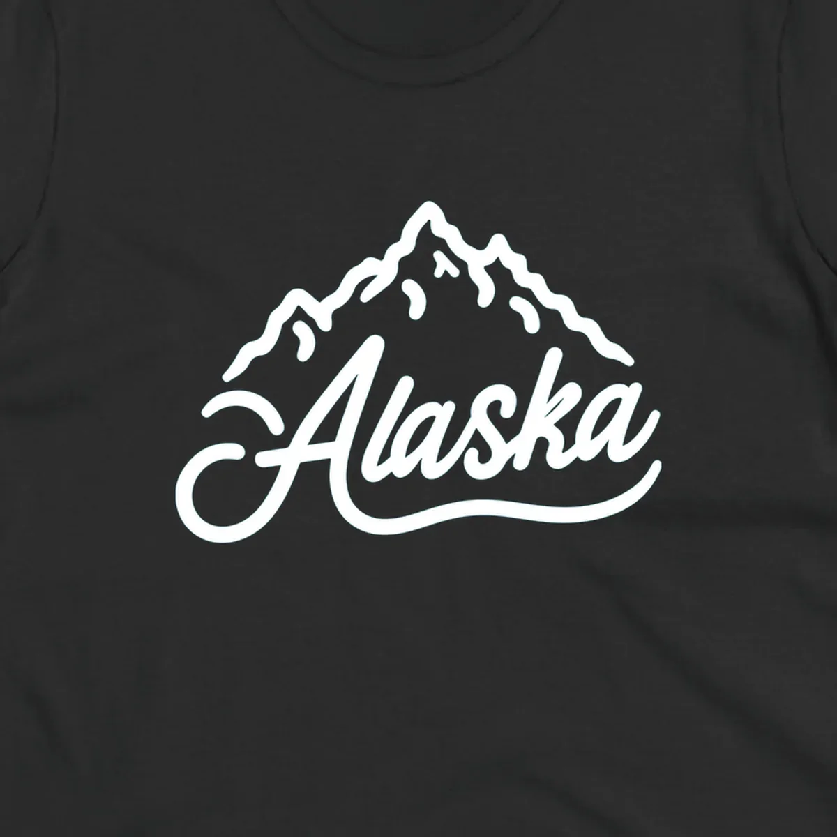 A stylized mountain range above the word 'Alaska' in a script font, forming an alaska mountain wordmark design.