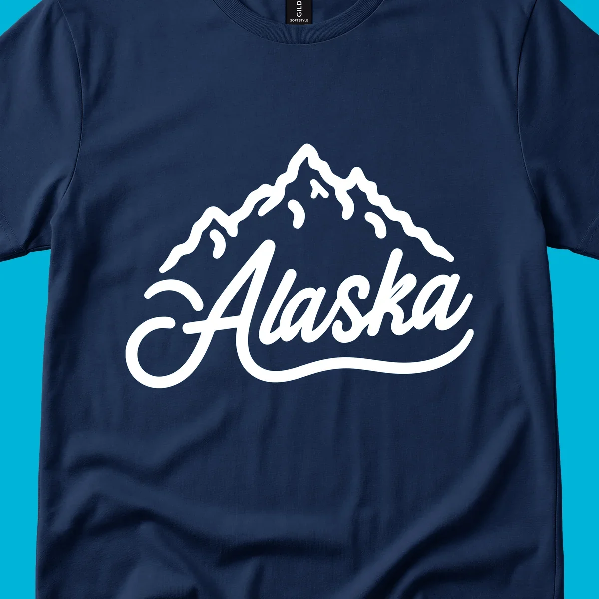 A stylized mountain range above the word 'Alaska' in a script font, forming an alaska mountain wordmark design.