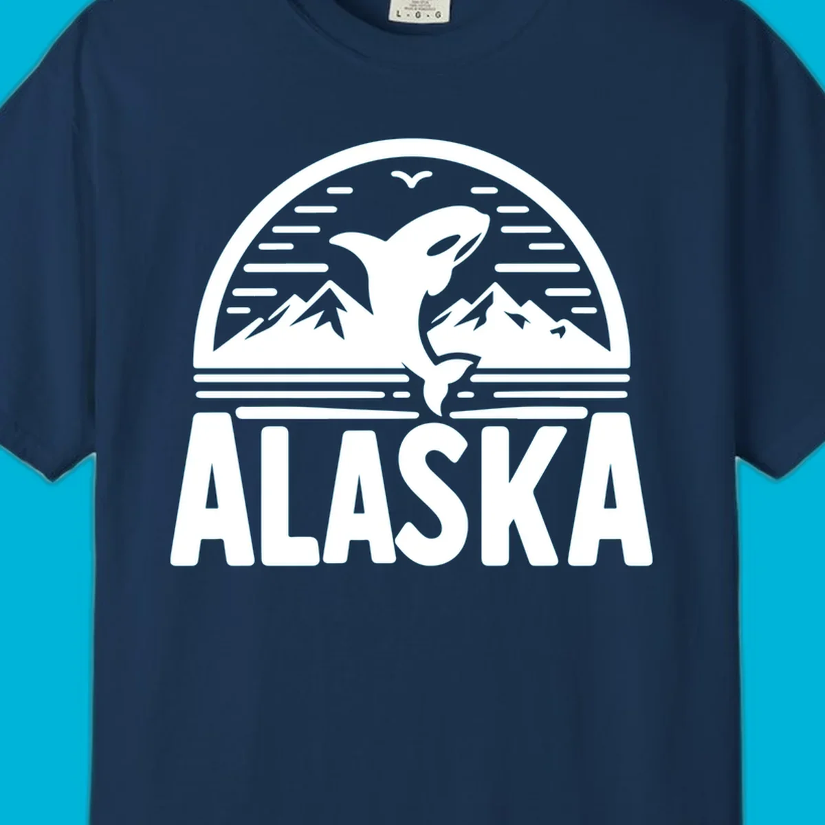 Scenic graphic of an orca leaping from water with mountains and a bird in the background, above the text "ALASKA".