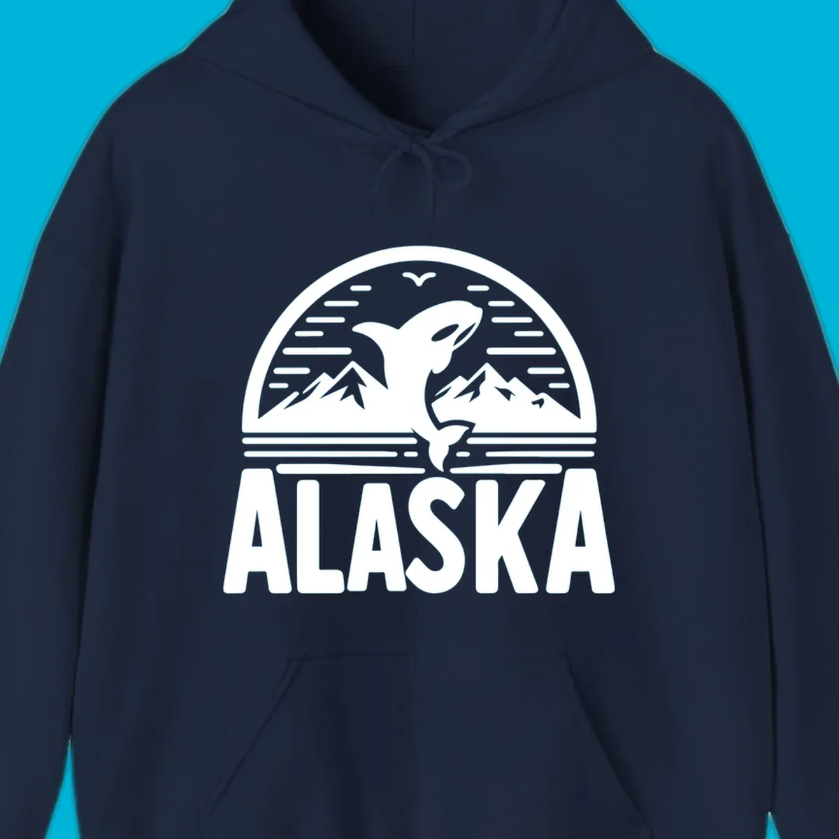 Scenic graphic of an orca leaping from water with mountains and a bird in the background, above the text "ALASKA".