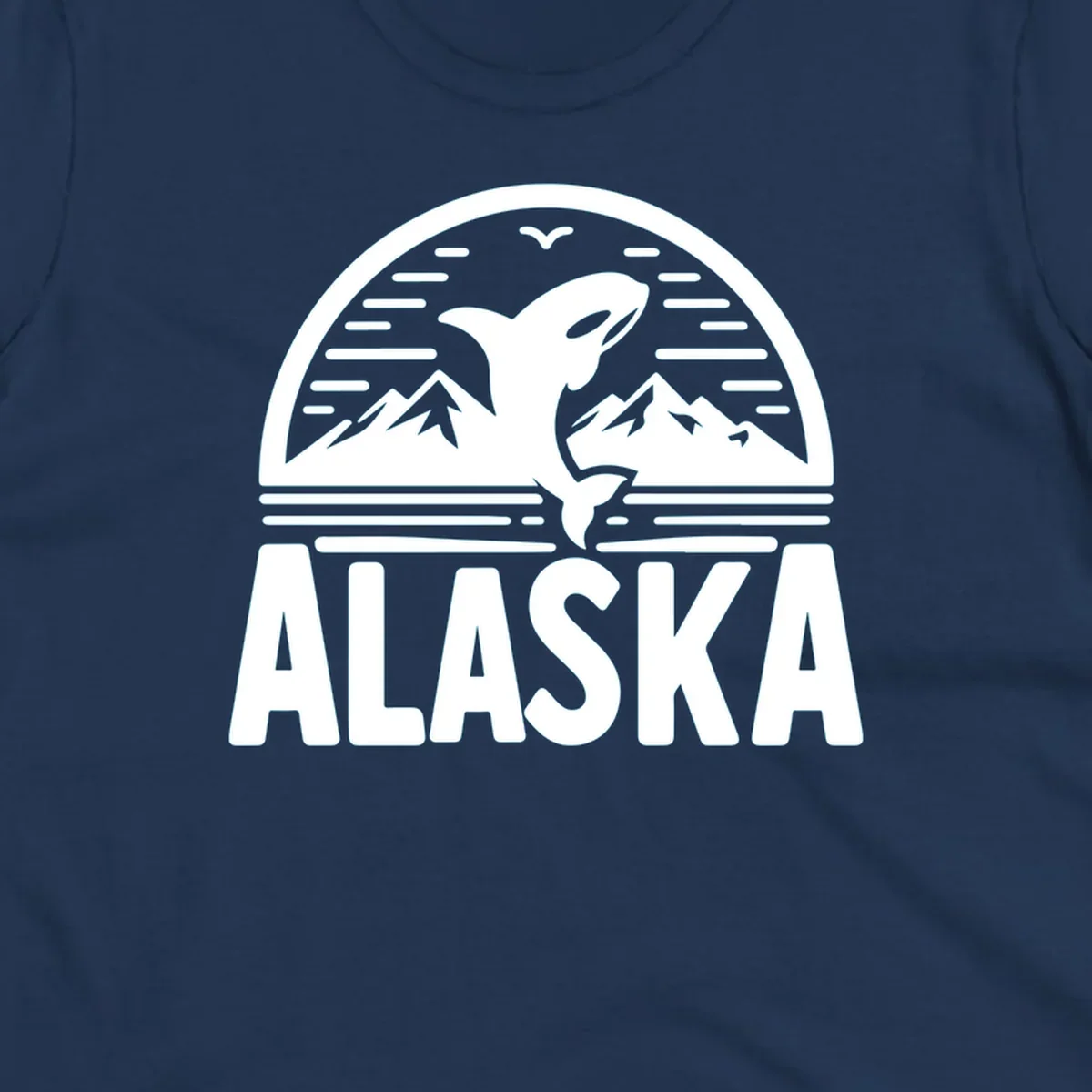 Scenic graphic of an orca leaping from water with mountains and a bird in the background, above the text "ALASKA".