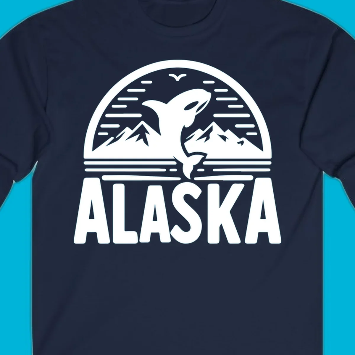 Scenic graphic of an orca leaping from water with mountains and a bird in the background, above the text "ALASKA".