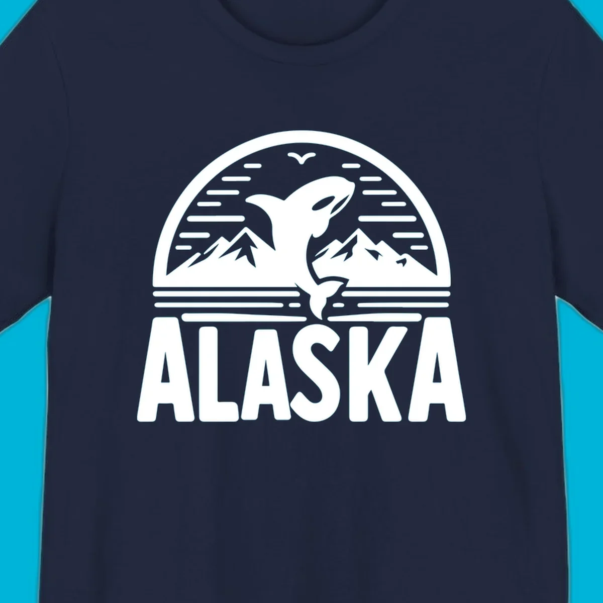 Scenic graphic of an orca leaping from water with mountains and a bird in the background, above the text "ALASKA".