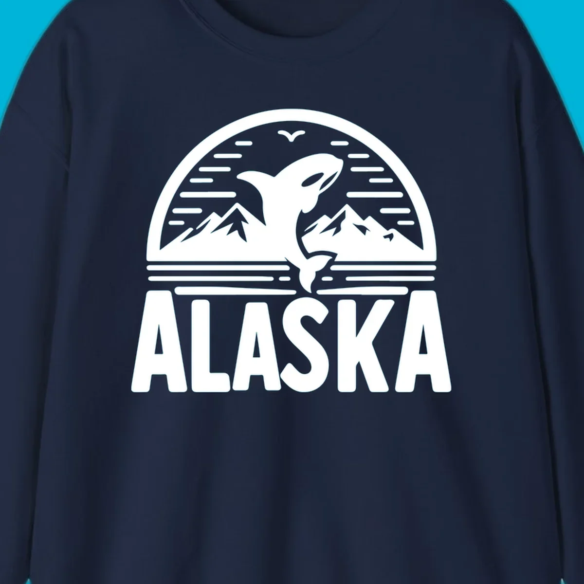 Scenic graphic of an orca leaping from water with mountains and a bird in the background, above the text "ALASKA".