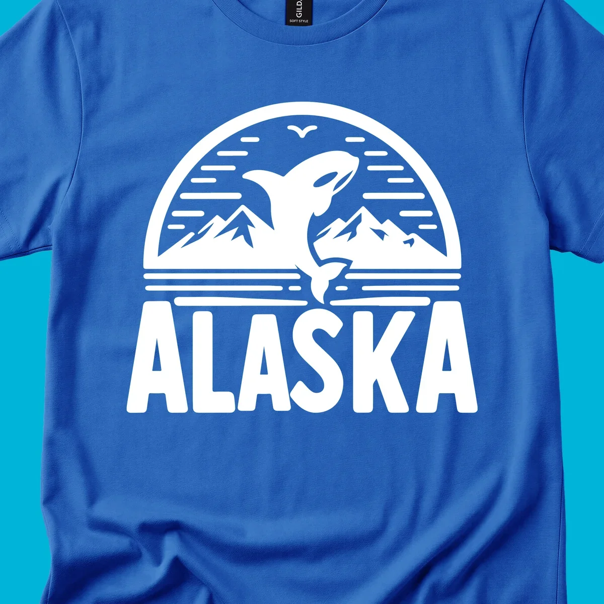Scenic graphic of an orca leaping from water with mountains and a bird in the background, above the text "ALASKA".