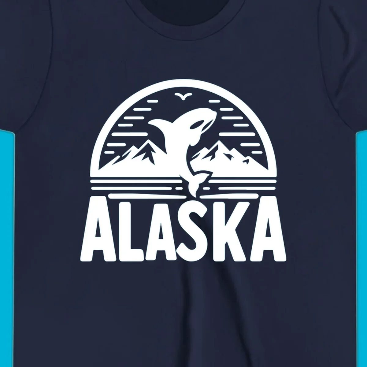Scenic graphic of an orca leaping from water with mountains and a bird in the background, above the text "ALASKA".