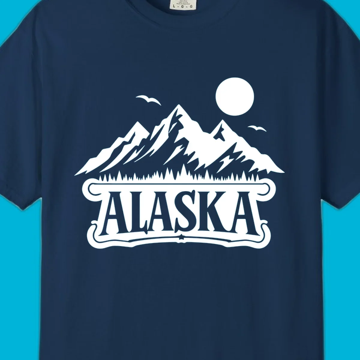 Monochrome illustration of Alaska mountains, forest, sun, and birds above a decorative 'ALASKA' banner, representing alaska-mountain-forest-scenic.
