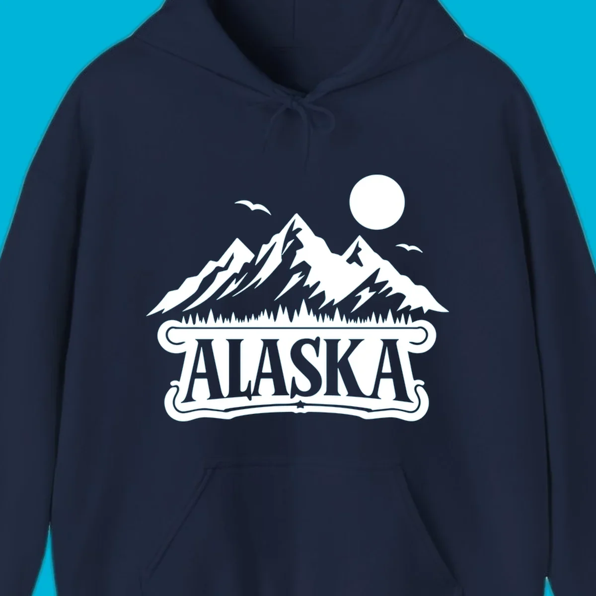 Monochrome illustration of Alaska mountains, forest, sun, and birds above a decorative 'ALASKA' banner, representing alaska-mountain-forest-scenic.