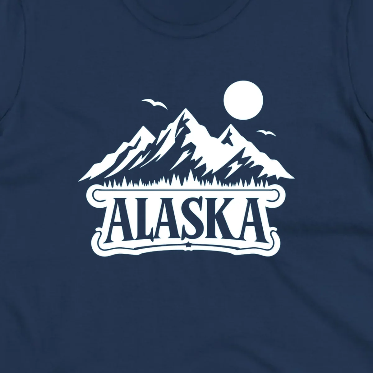 Monochrome illustration of Alaska mountains, forest, sun, and birds above a decorative 'ALASKA' banner, representing alaska-mountain-forest-scenic.