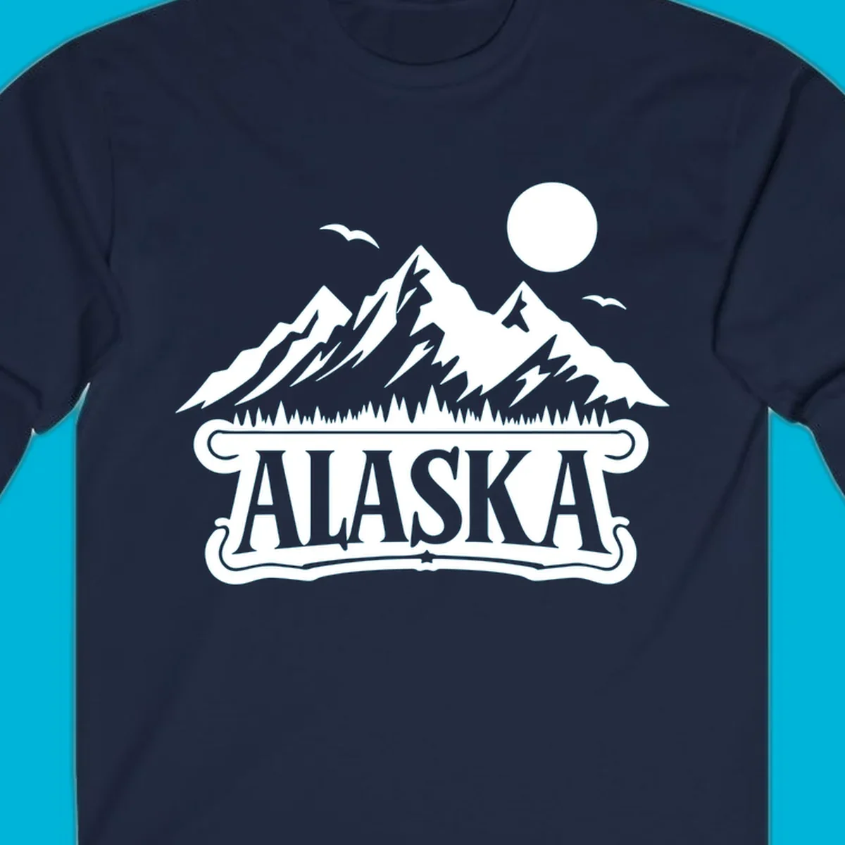 Monochrome illustration of Alaska mountains, forest, sun, and birds above a decorative 'ALASKA' banner, representing alaska-mountain-forest-scenic.