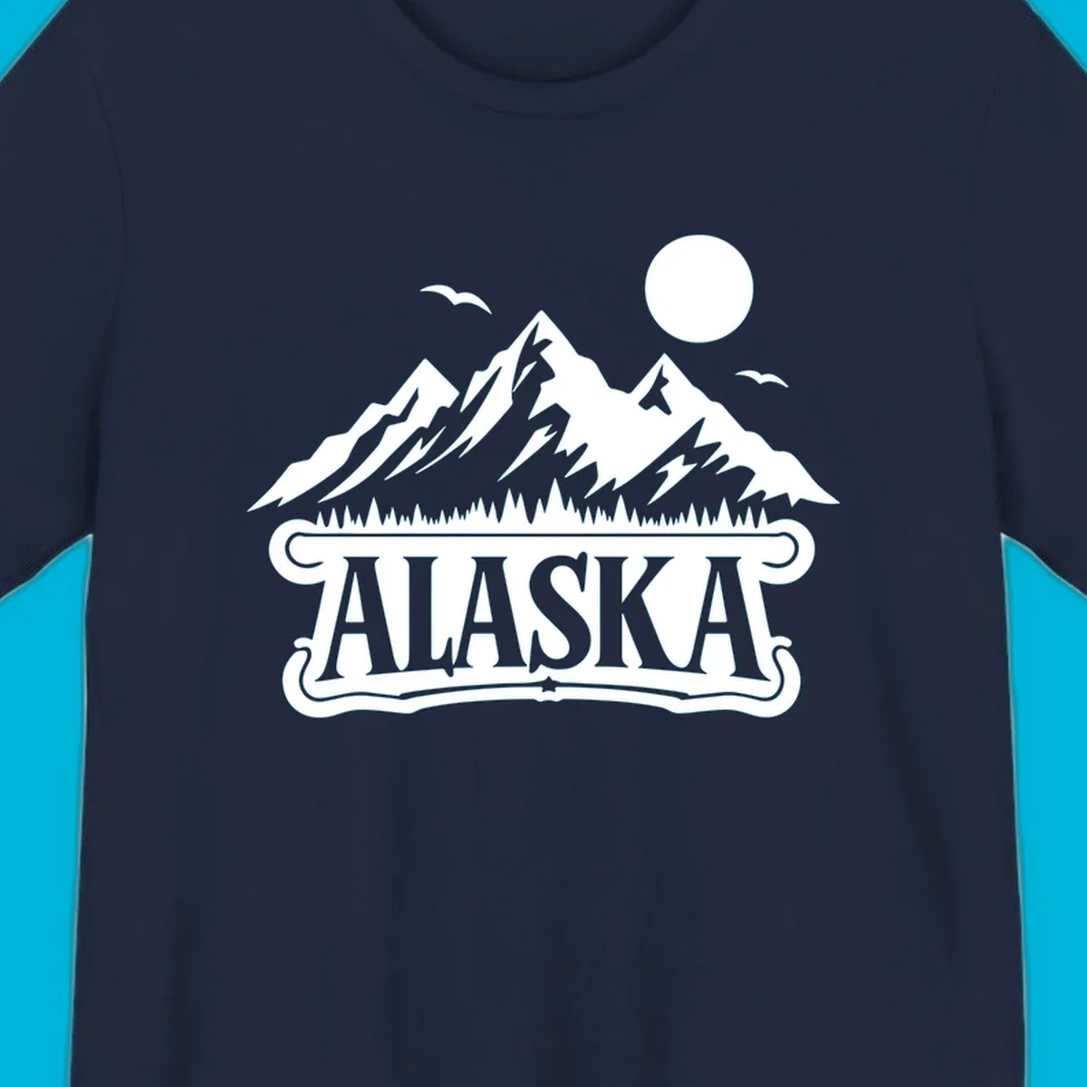 Monochrome illustration of Alaska mountains, forest, sun, and birds above a decorative 'ALASKA' banner, representing alaska-mountain-forest-scenic.