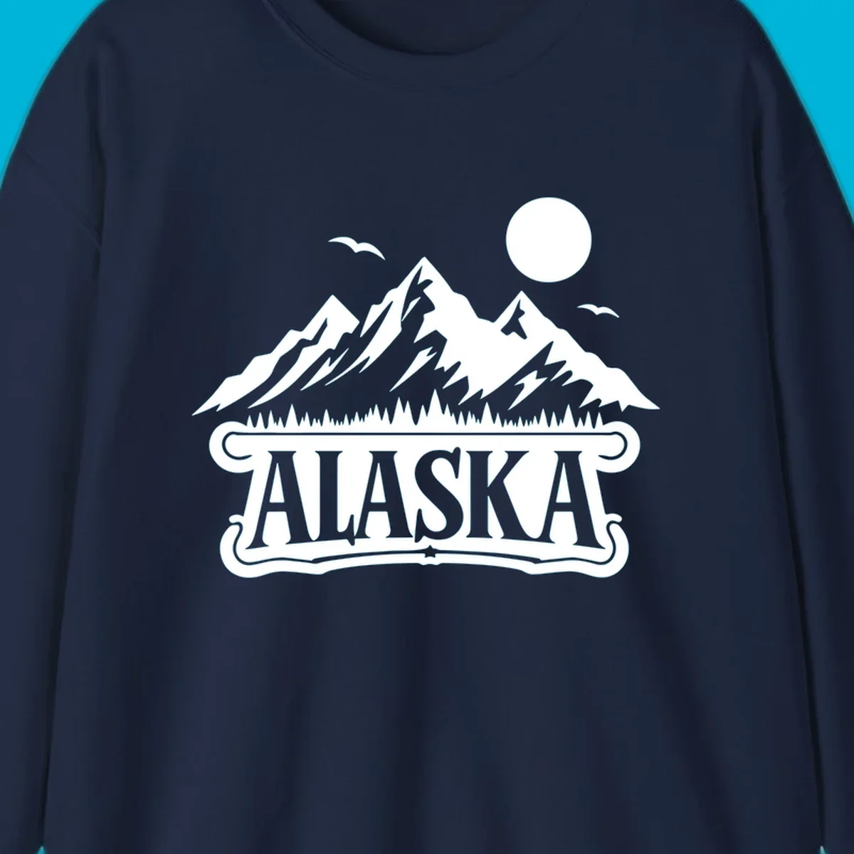 Monochrome illustration of Alaska mountains, forest, sun, and birds above a decorative 'ALASKA' banner, representing alaska-mountain-forest-scenic.