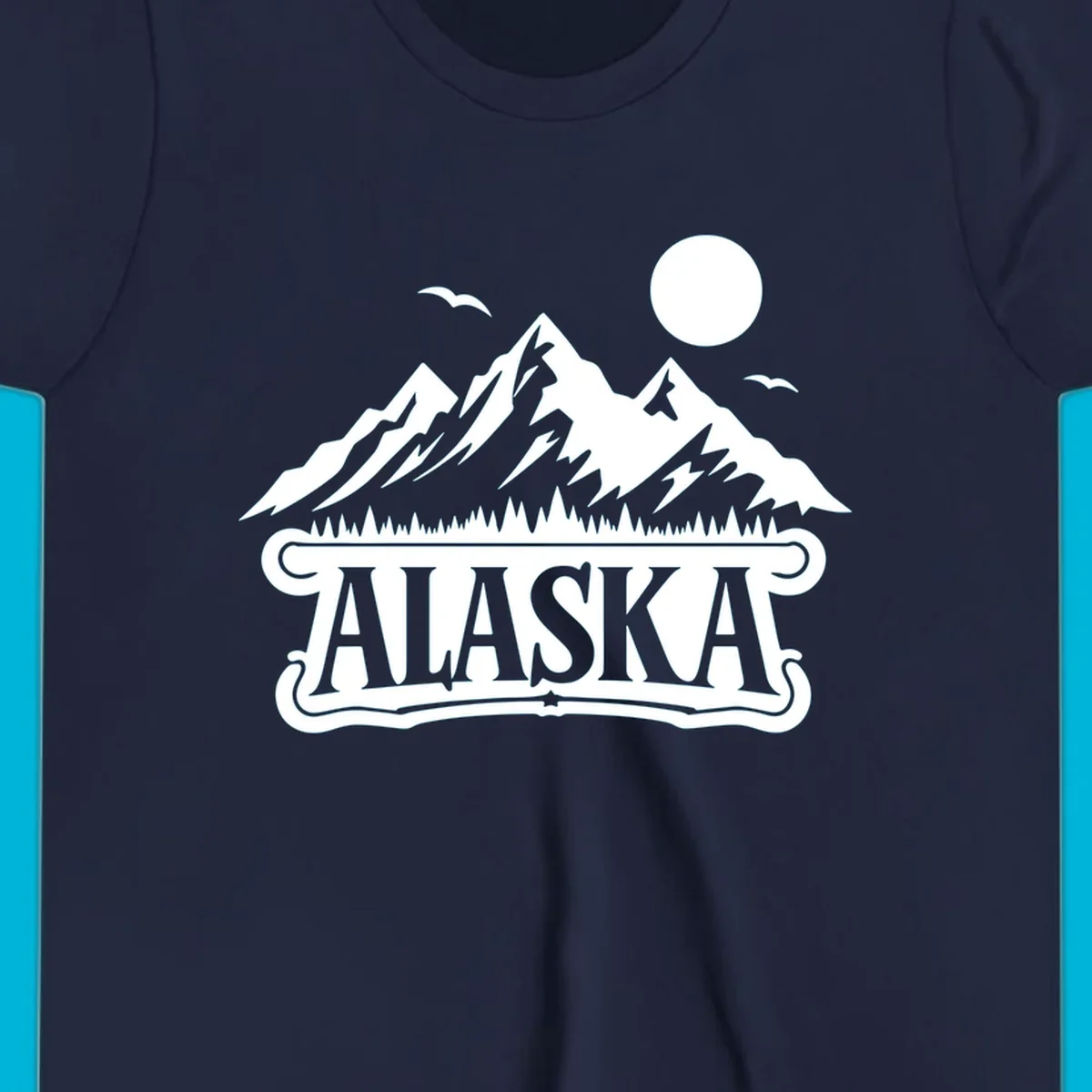 Monochrome illustration of Alaska mountains, forest, sun, and birds above a decorative 'ALASKA' banner, representing alaska-mountain-forest-scenic.