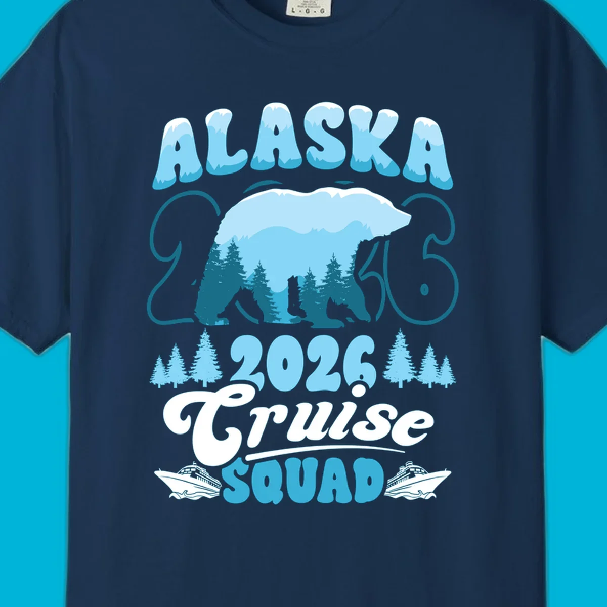 Alaska 2026 Cruise Squad design with a polar bear, pine trees, and cruise ships. The primary keyword root is alaska-2026-cruise-squad.
