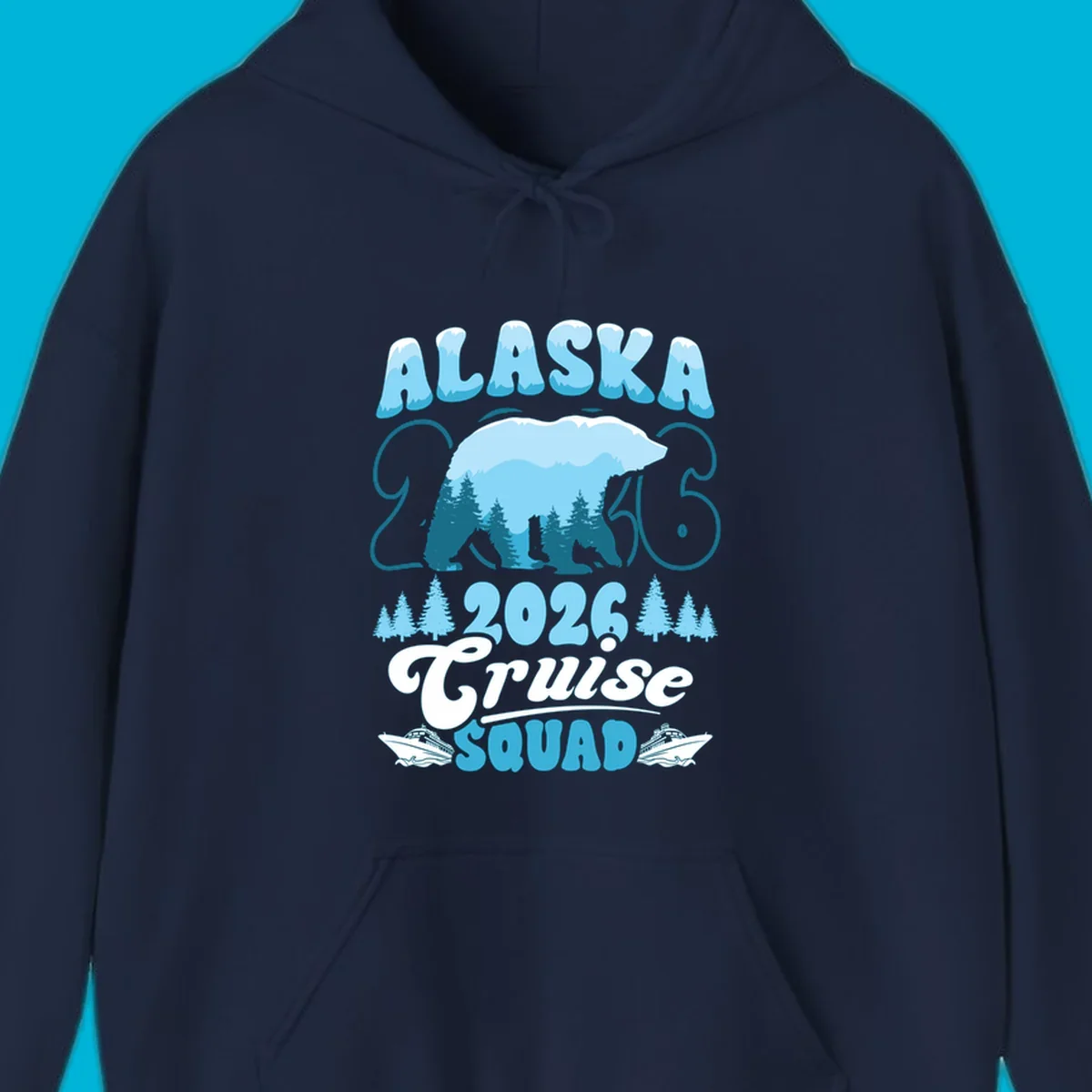 Alaska 2026 Cruise Squad design with a polar bear, pine trees, and cruise ships. The primary keyword root is alaska-2026-cruise-squad.