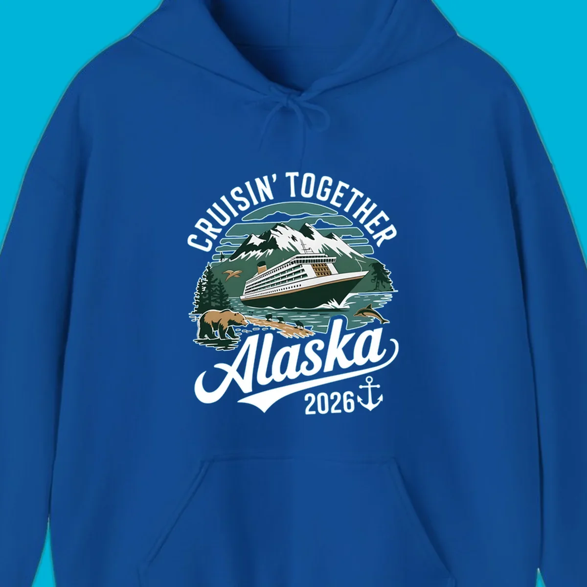 An illustration with a cruise ship, snow mountains, trees, bear, deer, birds, and dolphins, with 'CRUISIN' TOGETHER Alaska 2026' text. A cruisin-together-alaska-2026 design.