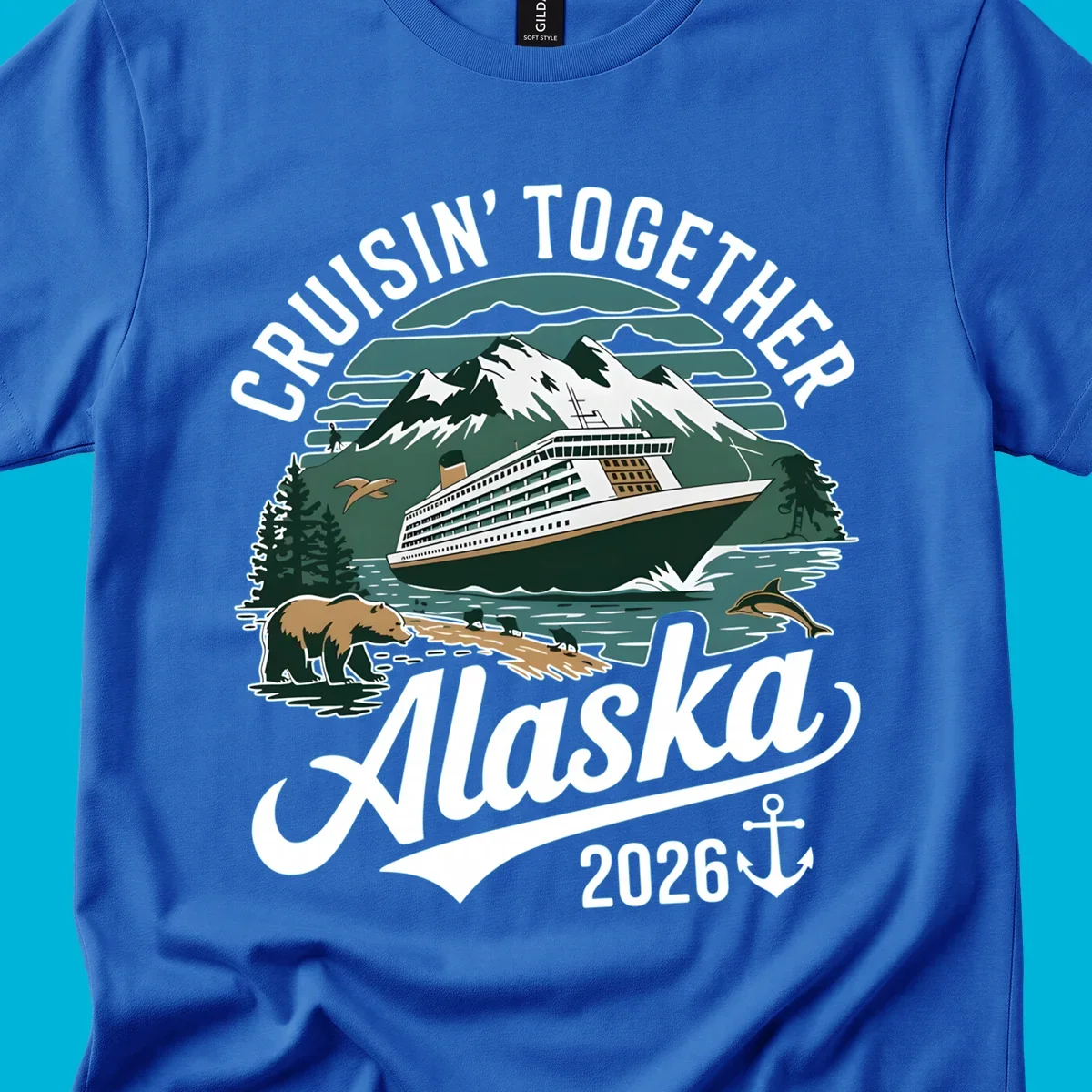 An illustration with a cruise ship, snow mountains, trees, bear, deer, birds, and dolphins, with 'CRUISIN' TOGETHER Alaska 2026' text. A cruisin-together-alaska-2026 design.