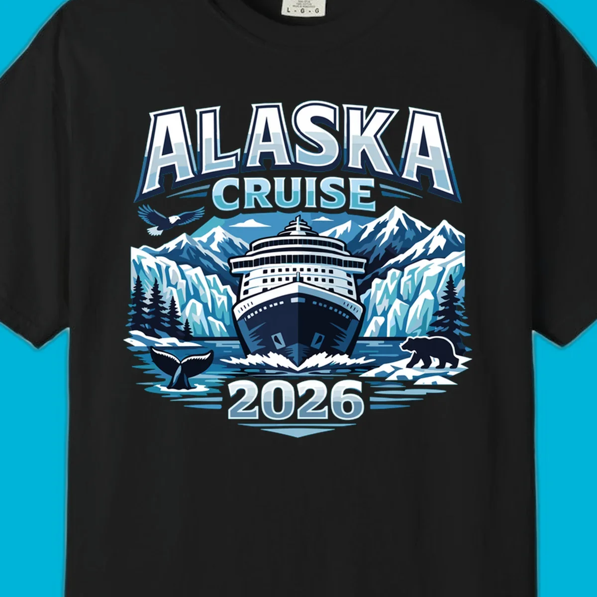 Illustrated Alaskan wildlife cruise 2026 scene with ship, glaciers, whale, bear, and eagle.