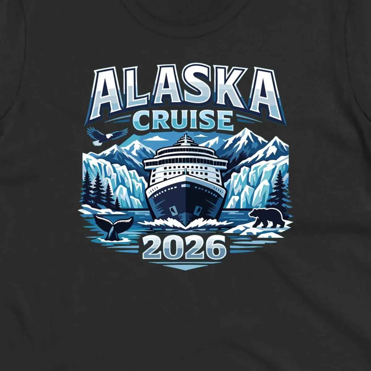 Illustrated Alaskan wildlife cruise 2026 scene with ship, glaciers, whale, bear, and eagle.