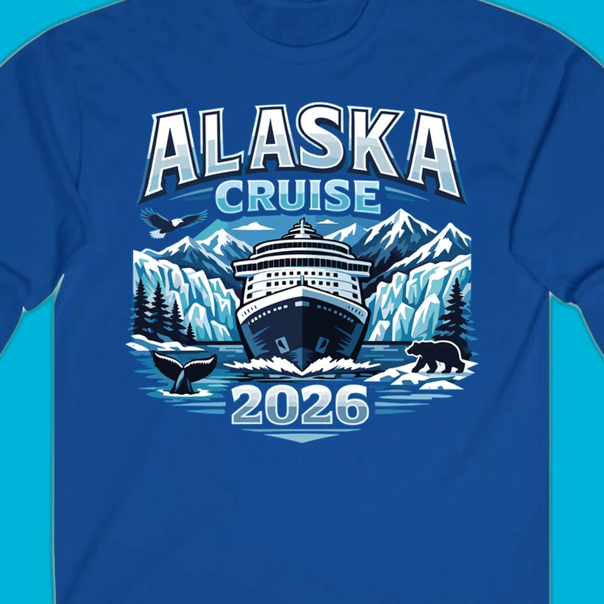 Illustrated Alaskan wildlife cruise 2026 scene with ship, glaciers, whale, bear, and eagle.