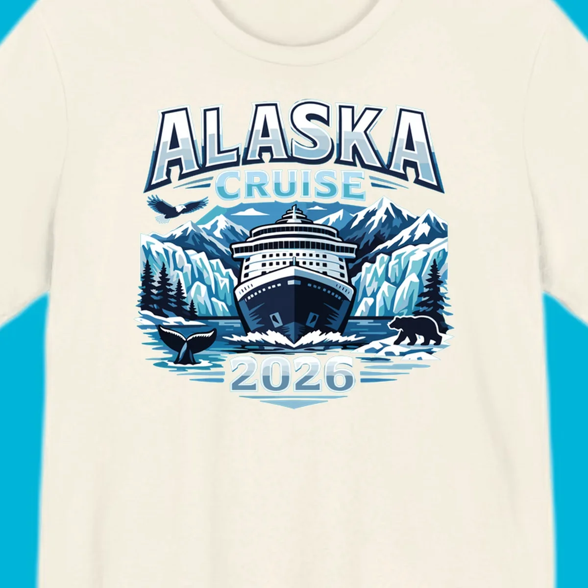 Illustrated Alaskan wildlife cruise 2026 scene with ship, glaciers, whale, bear, and eagle.