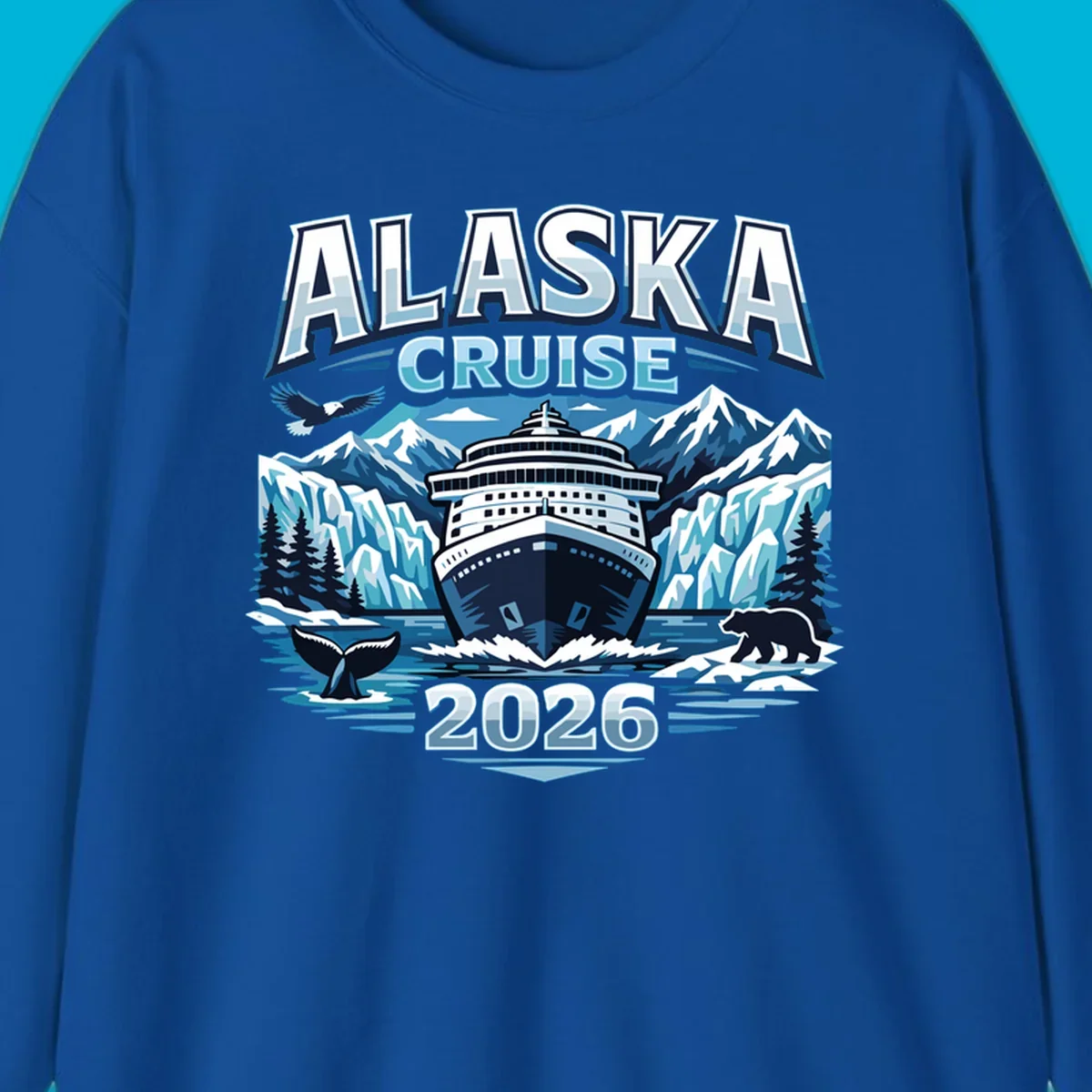 Illustrated Alaskan wildlife cruise 2026 scene with ship, glaciers, whale, bear, and eagle.