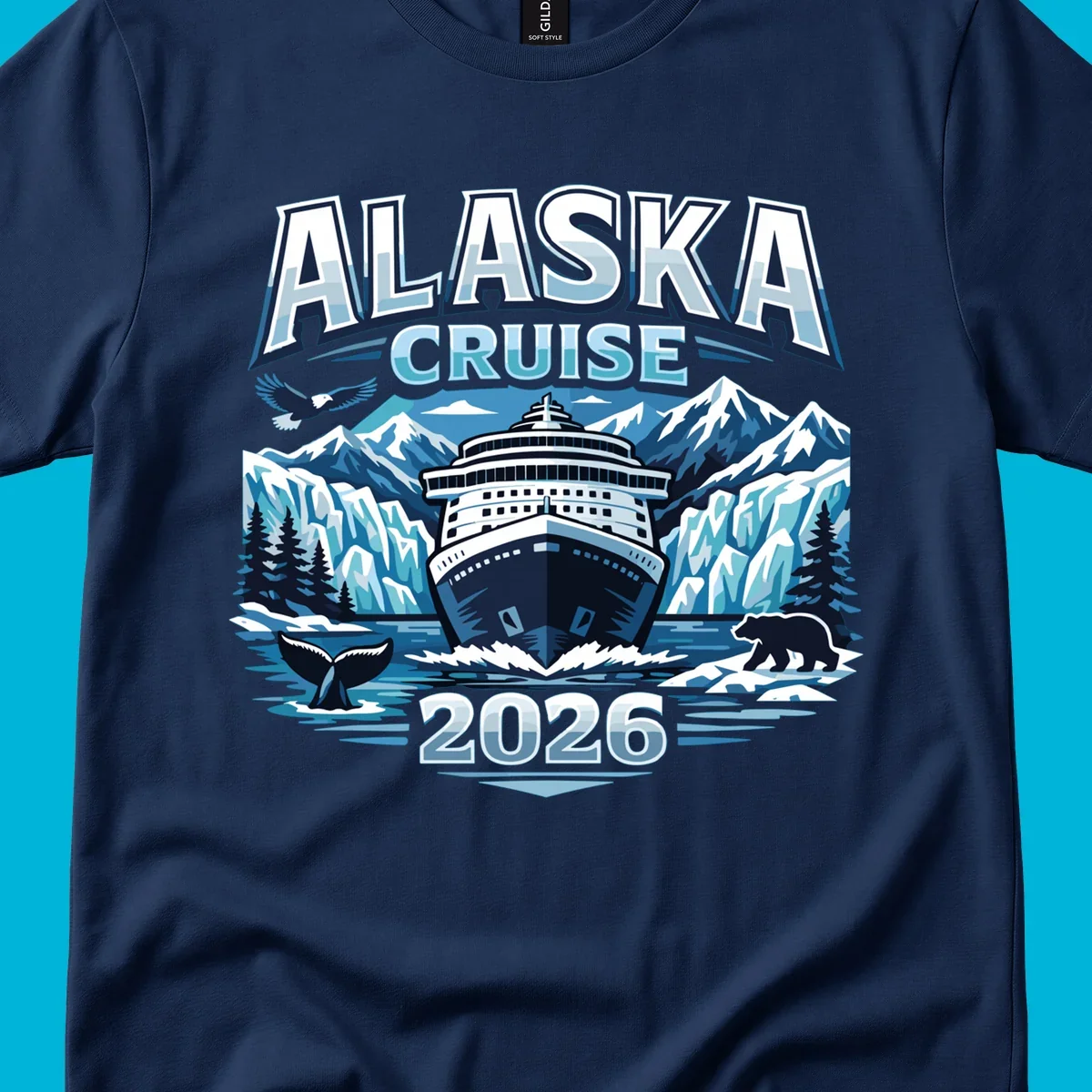 Illustrated Alaskan wildlife cruise 2026 scene with ship, glaciers, whale, bear, and eagle.