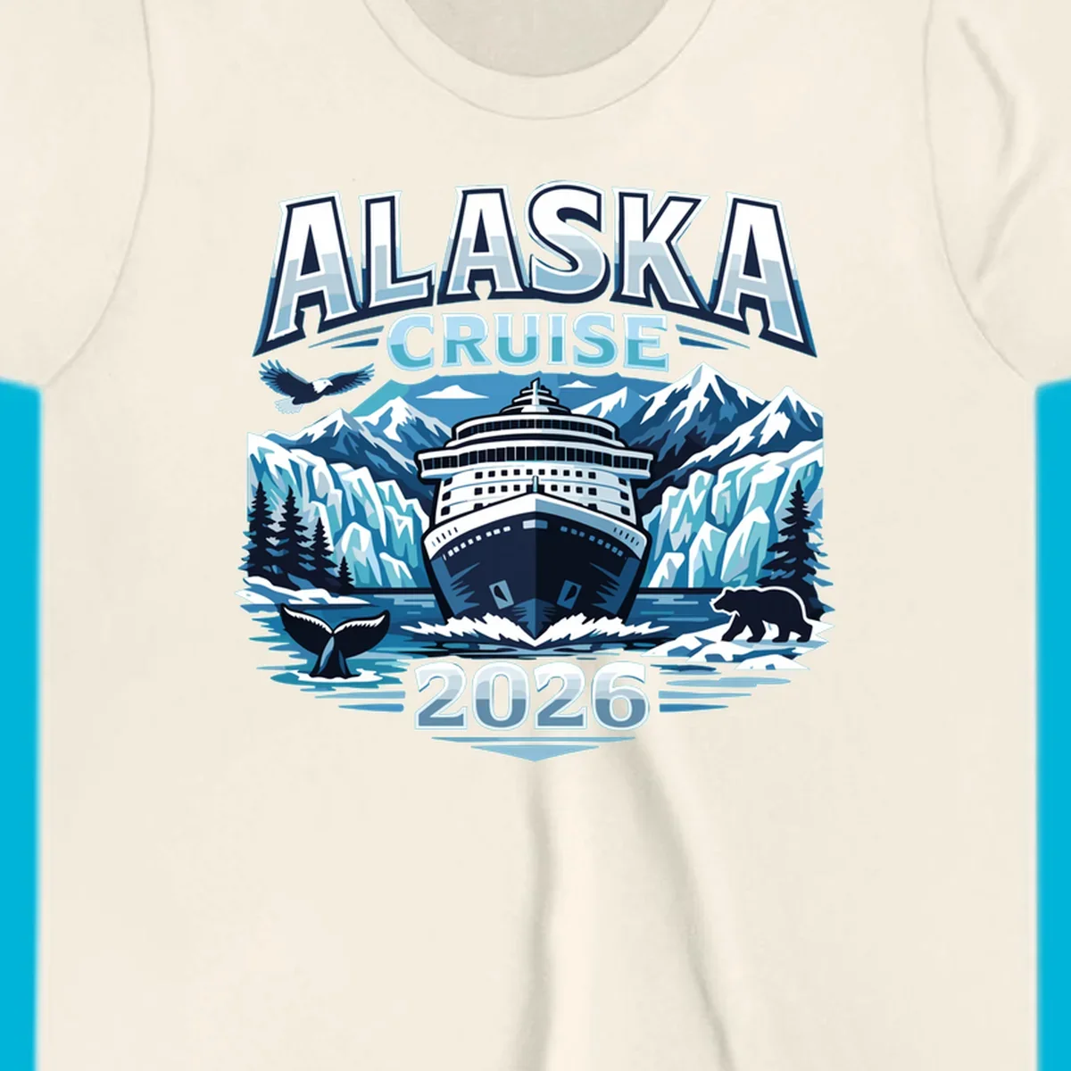 Illustrated Alaskan wildlife cruise 2026 scene with ship, glaciers, whale, bear, and eagle.
