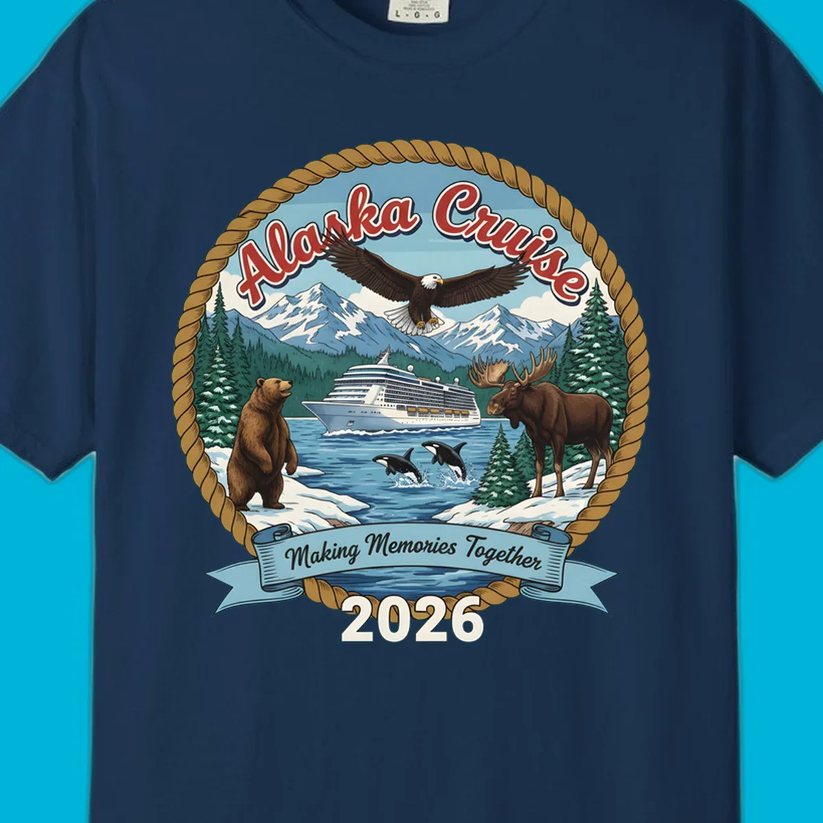 An illustrated round design for an Alaska cruise in 2026, featuring a ship, bald eagle, bear, moose, and orcas.