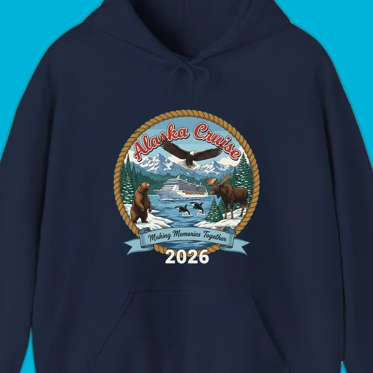 An illustrated round design for an Alaska cruise in 2026, featuring a ship, bald eagle, bear, moose, and orcas.