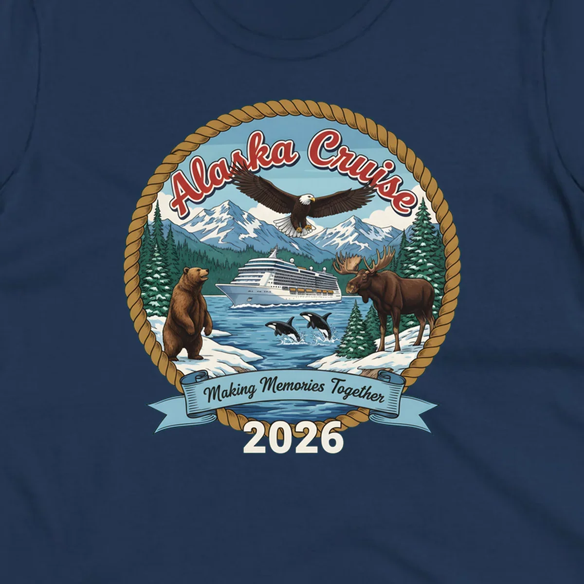 An illustrated round design for an Alaska cruise in 2026, featuring a ship, bald eagle, bear, moose, and orcas.