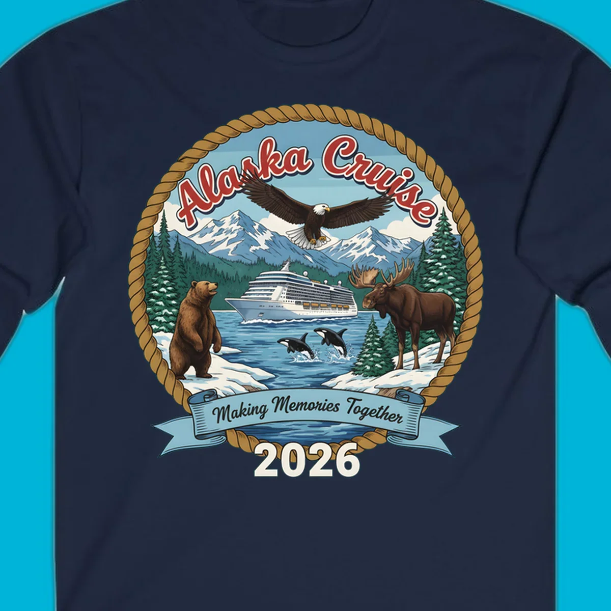An illustrated round design for an Alaska cruise in 2026, featuring a ship, bald eagle, bear, moose, and orcas.