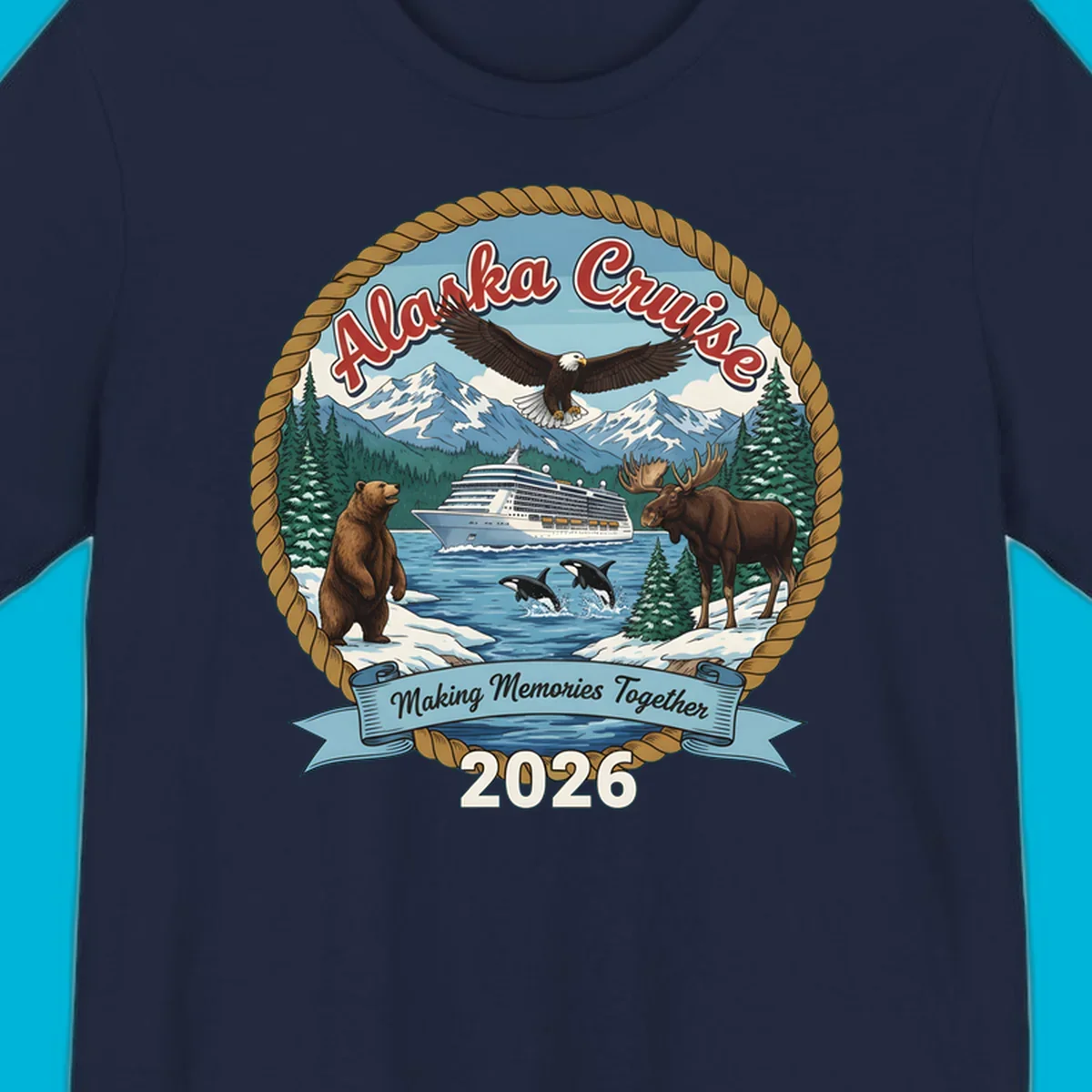An illustrated round design for an Alaska cruise in 2026, featuring a ship, bald eagle, bear, moose, and orcas.
