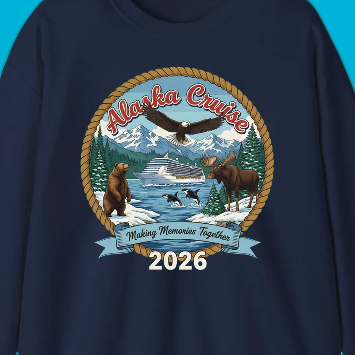 An illustrated round design for an Alaska cruise in 2026, featuring a ship, bald eagle, bear, moose, and orcas.