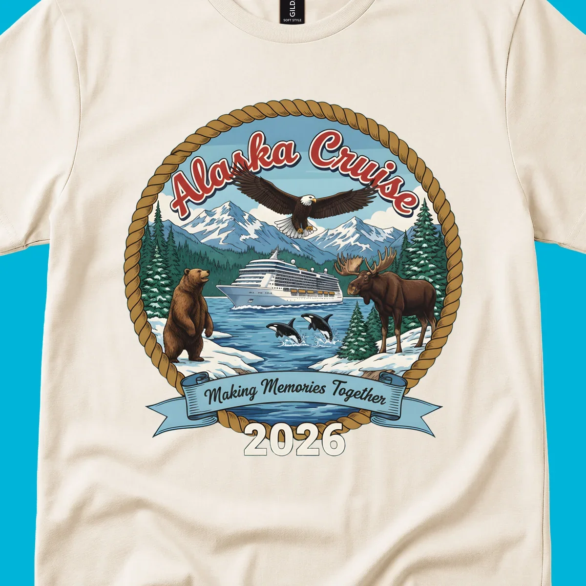 An illustrated round design for an Alaska cruise in 2026, featuring a ship, bald eagle, bear, moose, and orcas.