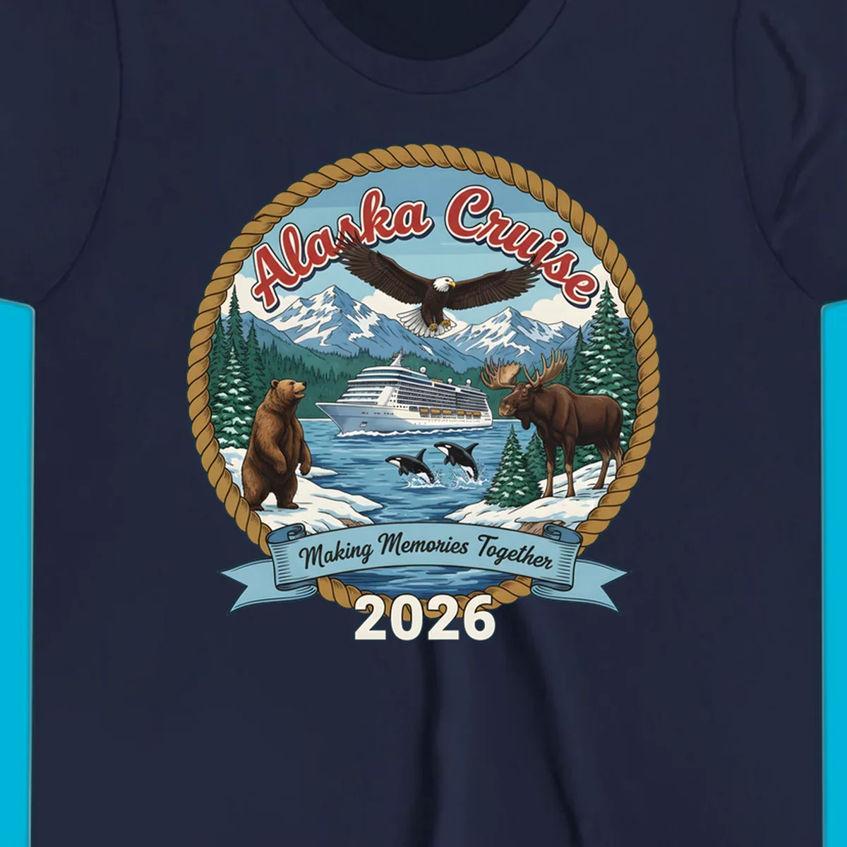 An illustrated round design for an Alaska cruise in 2026, featuring a ship, bald eagle, bear, moose, and orcas.