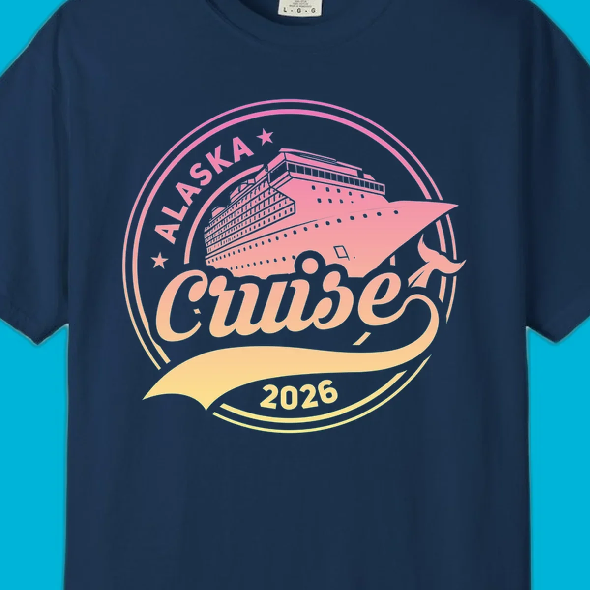 A circular badge design with a pink and orange gradient, featuring a cruise ship, stars, and the text 'ALASKA Cruise 2026'.