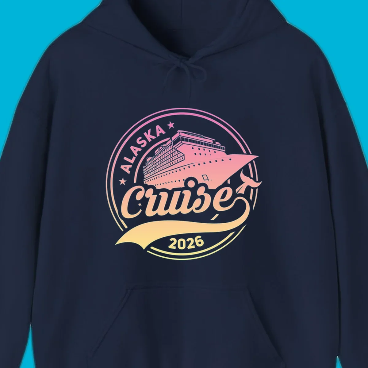 A circular badge design with a pink and orange gradient, featuring a cruise ship, stars, and the text 'ALASKA Cruise 2026'.
