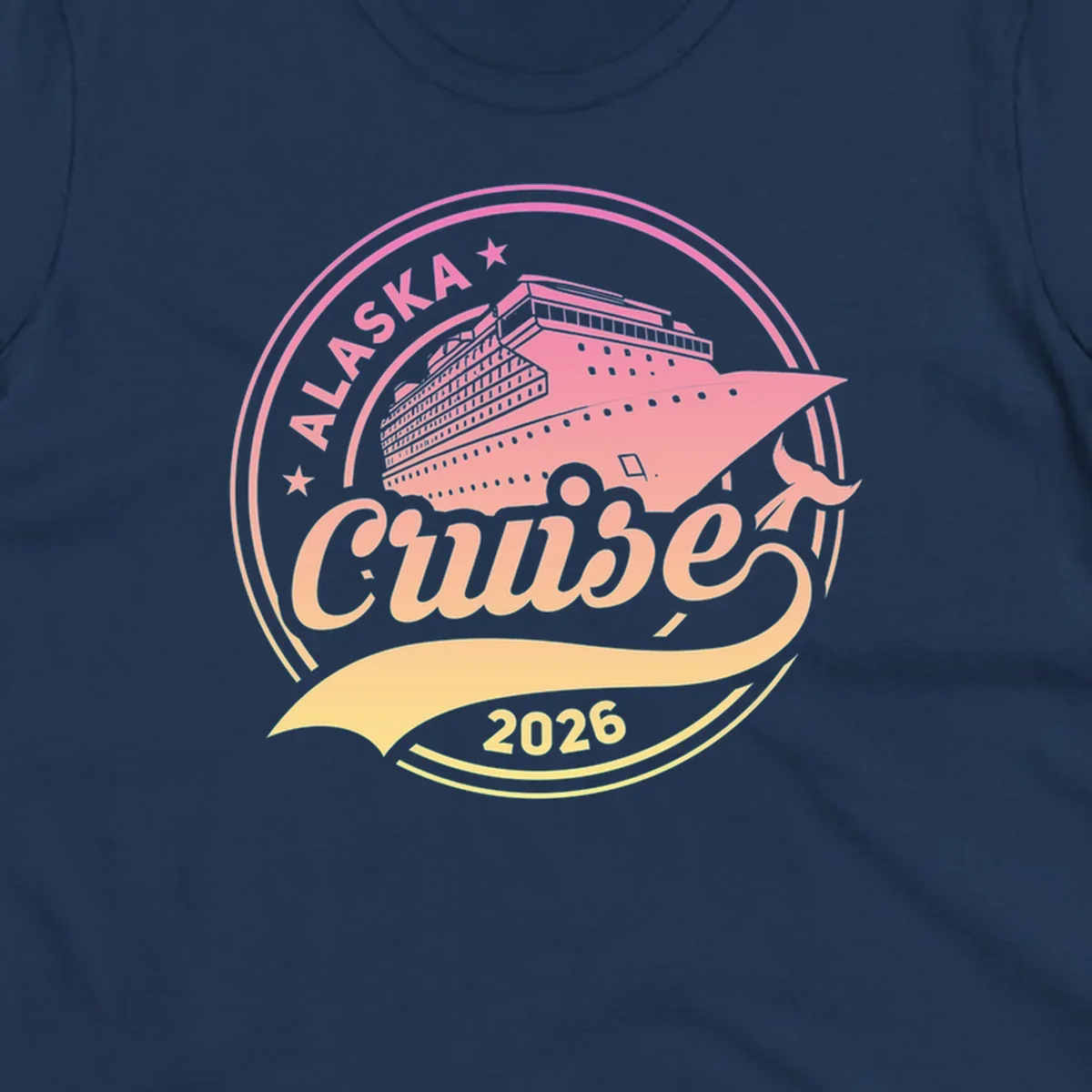 A circular badge design with a pink and orange gradient, featuring a cruise ship, stars, and the text 'ALASKA Cruise 2026'.