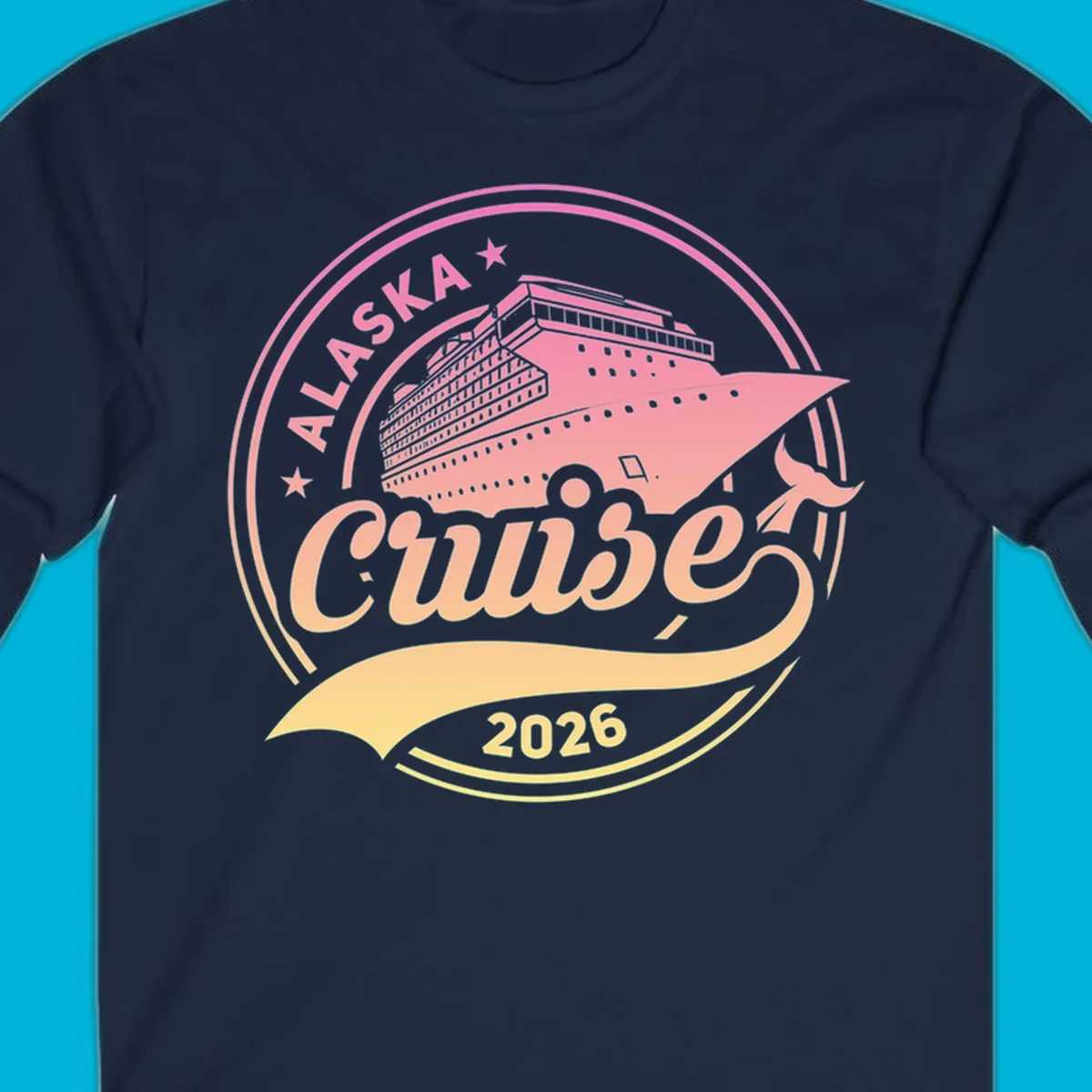 A circular badge design with a pink and orange gradient, featuring a cruise ship, stars, and the text 'ALASKA Cruise 2026'.