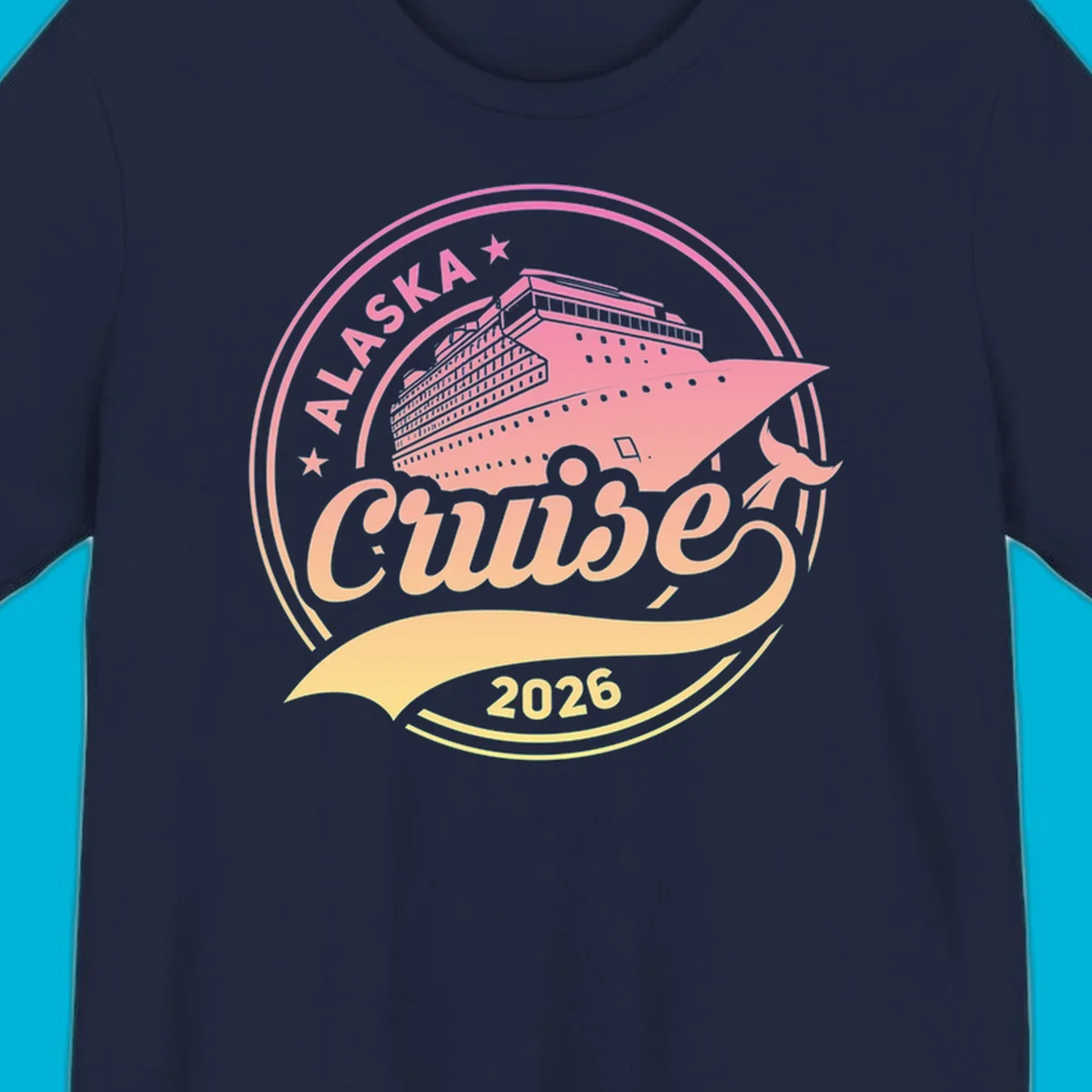A circular badge design with a pink and orange gradient, featuring a cruise ship, stars, and the text 'ALASKA Cruise 2026'.