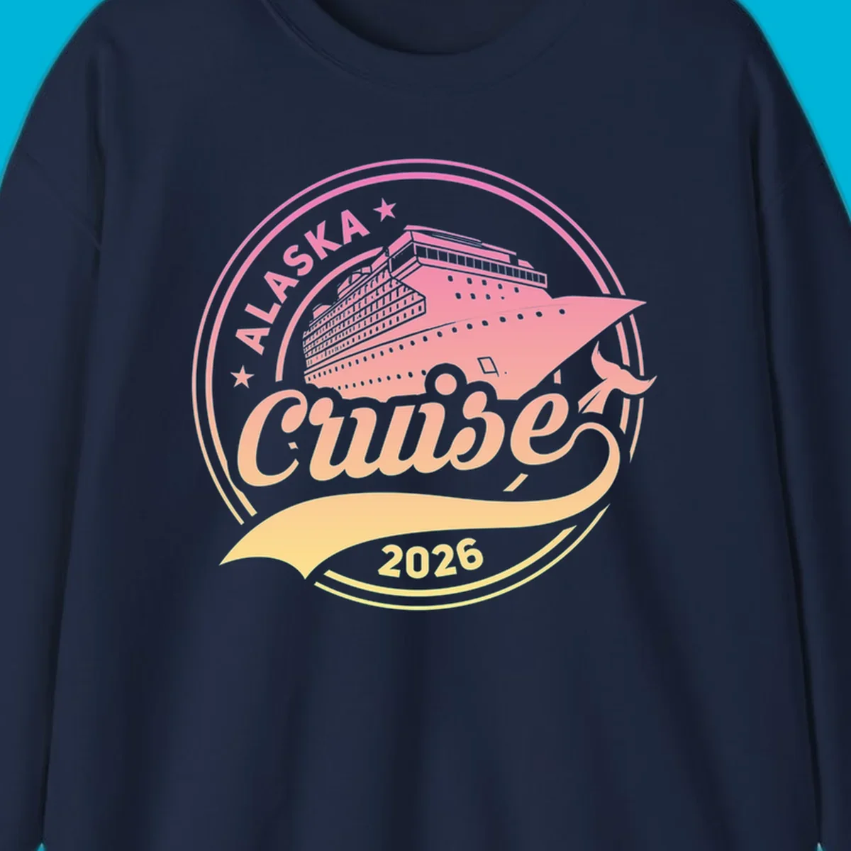 A circular badge design with a pink and orange gradient, featuring a cruise ship, stars, and the text 'ALASKA Cruise 2026'.