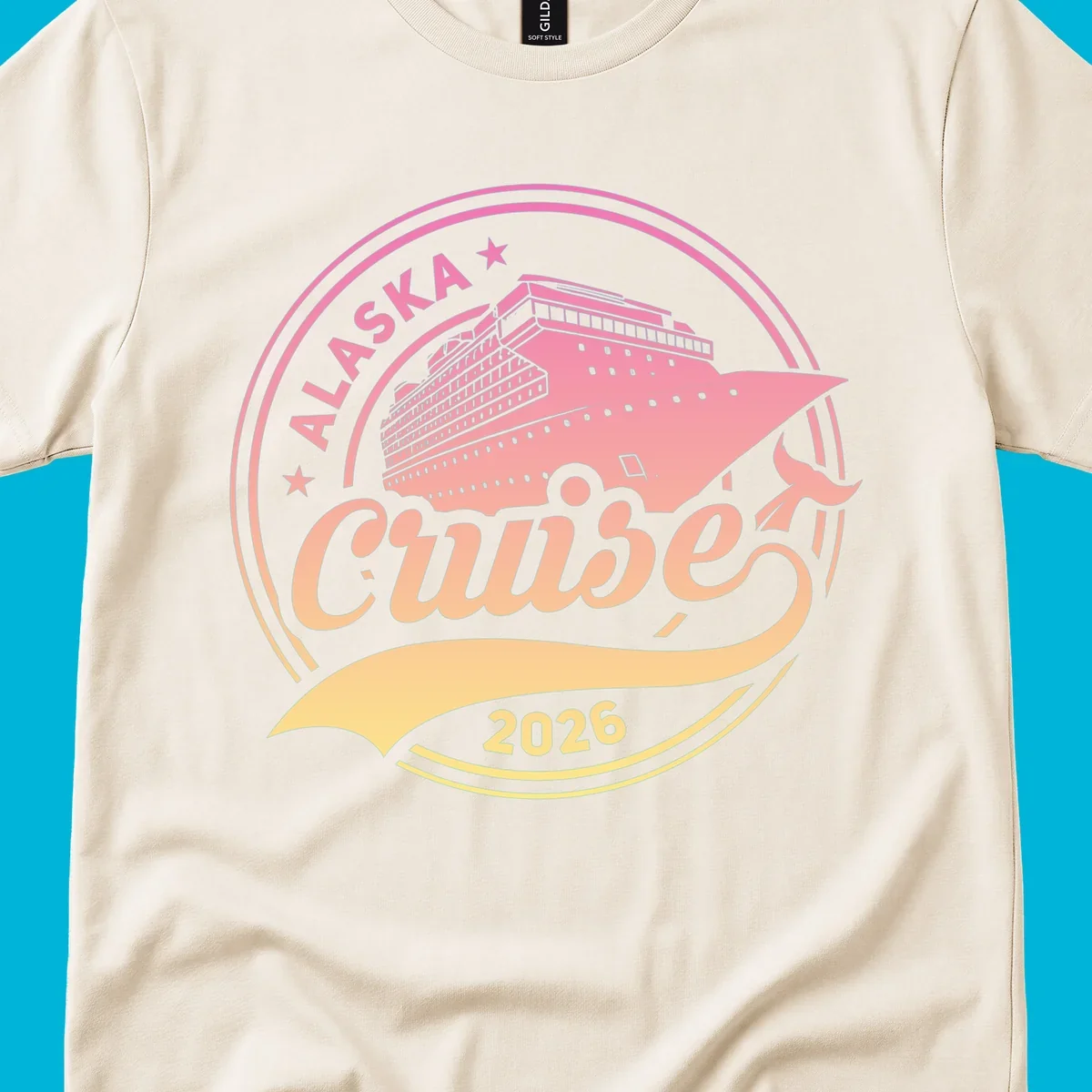 A circular badge design with a pink and orange gradient, featuring a cruise ship, stars, and the text 'ALASKA Cruise 2026'.