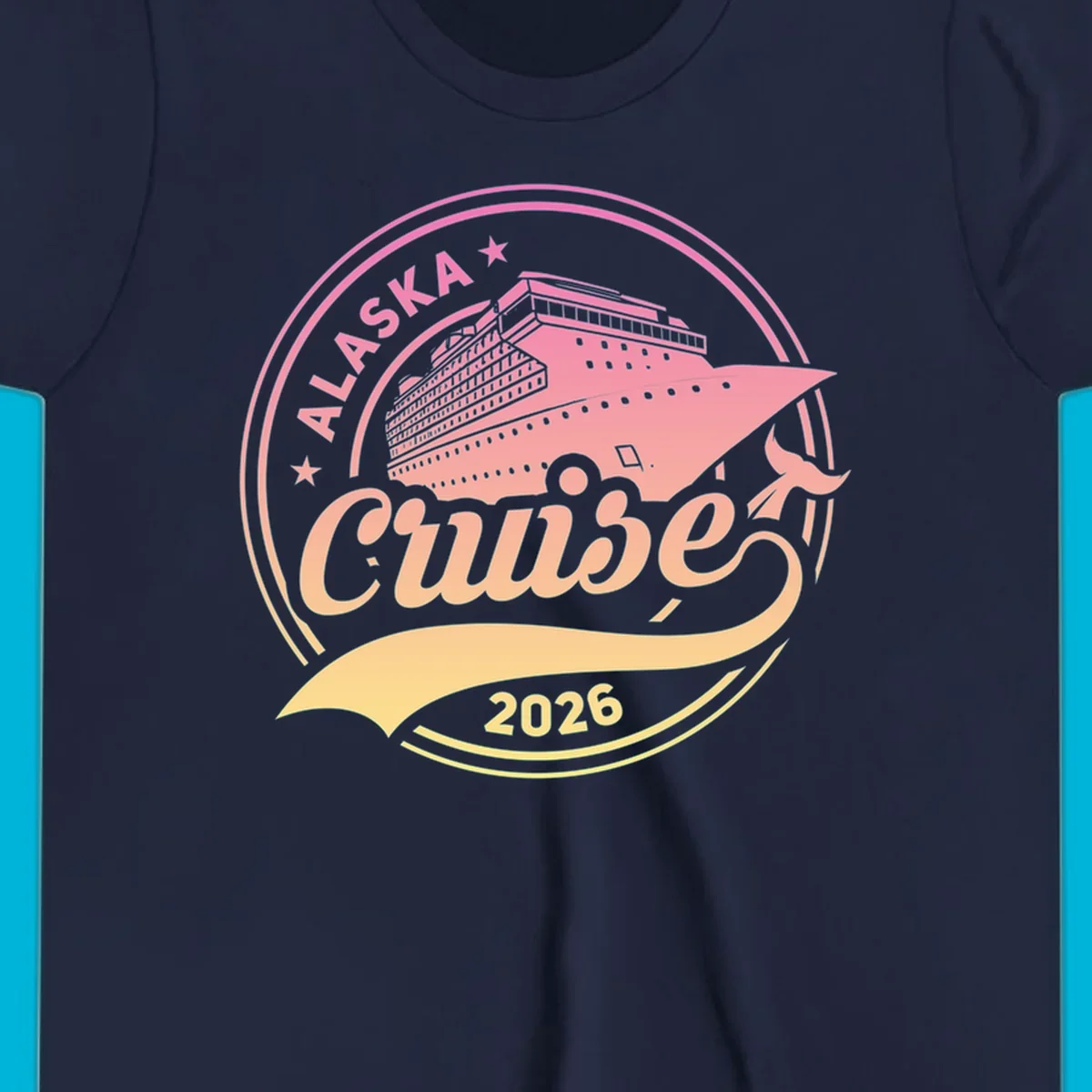 A circular badge design with a pink and orange gradient, featuring a cruise ship, stars, and the text 'ALASKA Cruise 2026'.