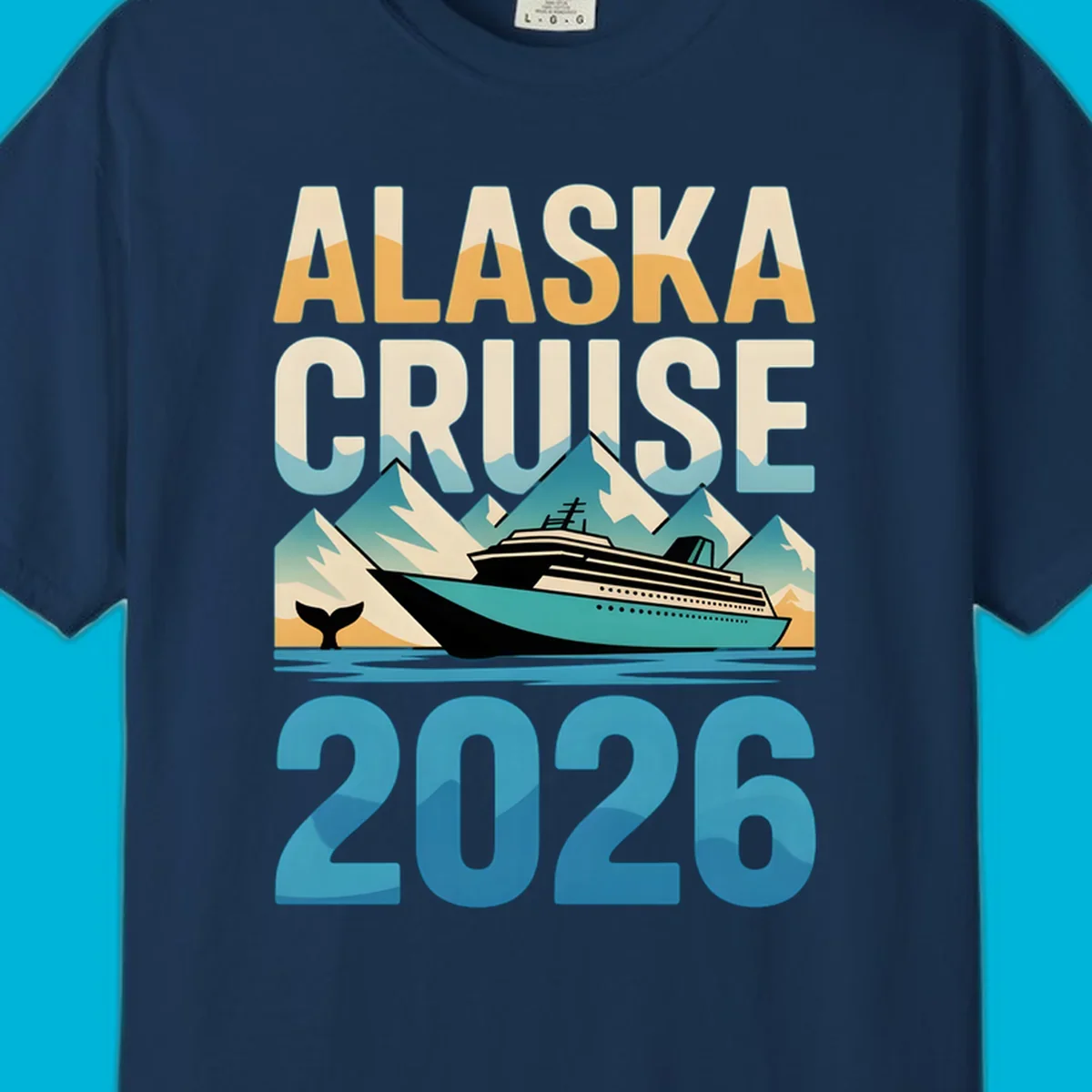 Vintage-style 'ALASKA CRUISE 2026' design with a cruise ship, mountains, and whale tail; alaska-cruise-ship-2026.